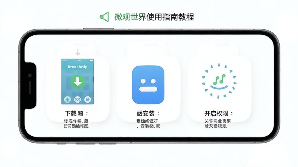 微观世界使用指南教程页面,手机屏幕显示应用操作步骤示意图,包含下载、安装、开启权限等环节,风格简洁,配以文字说明,色调清新,画质干净,无多余元素