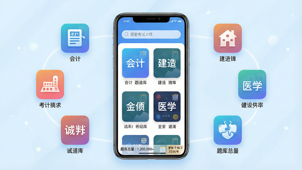 ���壺�ϵ����Դ�ʦApp�����������棬�ֻ���Ļ�����������Ų�ͬ��Ŀ�������棻���֣��ֻ����У���Χ�����š���ơ������족��ҽѧ���ȿ�Ŀͼ�꣬�ʻ���ʽ�ֲ����Ű棺ÿ����Ŀͼ���·�����С��˵������Ļ�Ϸ����������������ˬ��ǳ��ɫ������ͼ����ý���ɫ�ʣ����������죻ϸ�ڣ���Ļ����ʾ�����������1,200,000+���������С�������2026�ꡱ��ǩ�����ʣ��߷ֱ�����Ⱦ���ɾ������