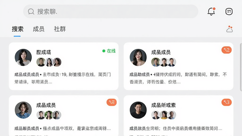 主体为“慢慢聊”应用内社群列表界面,上方有搜索栏和分类标签,下方为卡片式社群列表,每张卡片上有社群名称、成员头像和简介,整体布局为瀑布流式,背景为浅灰色,风格简约商务,细节包括群成员在线状态和未读消息角标,画质高清,干净无多余元素