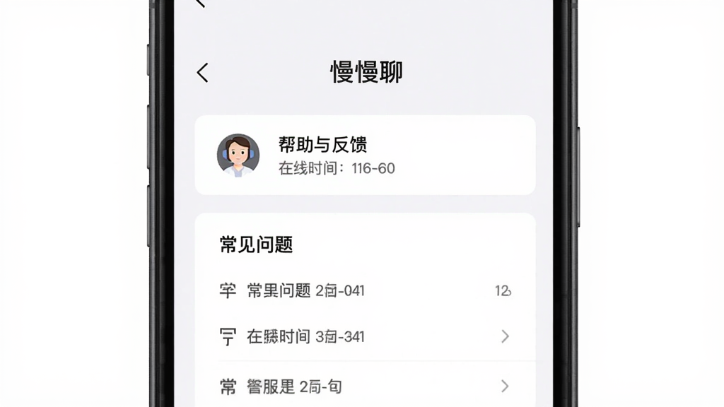 主体为一部手机展示“慢慢聊”应用设置页面,背景为白色,中间有“帮助与反馈”选项,下方有“常见问题”列表,整体布局为卡片式,风格简洁清晰,细节包括客服头像和在线时间提示,画质干净,无多余元素