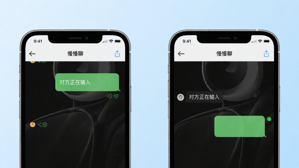 主体为两部手机并排显示“慢慢聊”应用的对话界面,左边手机是发送方,右边是接收方,界面布局为左右对称,背景为渐变的淡蓝色,风格清新简约,细节上突出“对方正在输入”的提示条和已读状态小图标,画质细腻,干净无多余元素