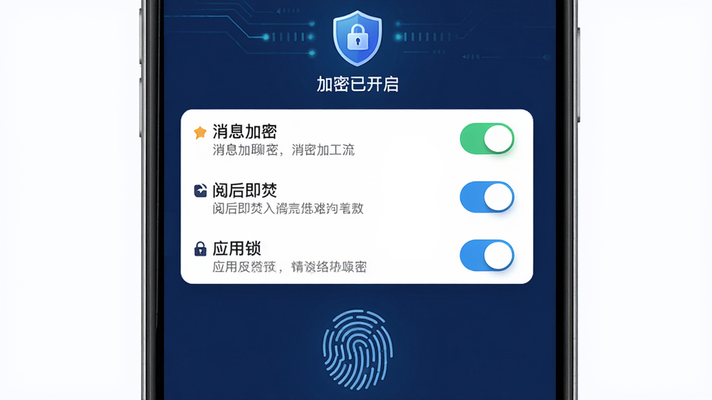 主体为“慢慢聊”应用的隐私设置界面,上方有“加密已开启”的盾牌图标,中间为各项隐私开关列表,包括“消息加密”、“阅后即焚”、“应用锁”等,下方有指纹解锁图案,整体布局为列表式,背景为深蓝色,风格科技感十足,细节包括每个开关的说明文字,画质清晰,干净无多余元素