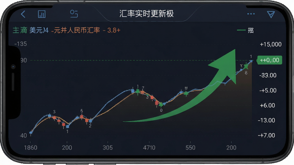 汇率实时更新界面,商务汇率宝软件手机截图,显示美元兑人民币汇率曲线图,绿色上涨箭头,背景为深色商务风格,图表清晰,数据点标注,无多余元素,画质干净。