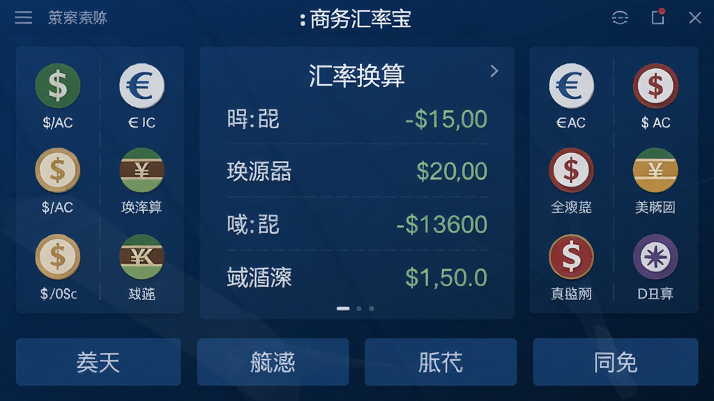 商务汇率宝软件主界面展示,深蓝商务风格,中央为汇率换算面板,左右两侧列有美元、欧元等主要货币图标,下方功能按钮排列整齐,界面干净清晰,无多余元素,画质高清。