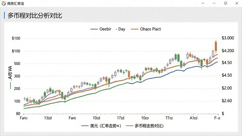 多币种对比分析图表,商务汇率宝软件界面,展示美元、欧元、英镑三种货币一周汇率走势对比,不同颜色线条区分,背景为浅灰色商务风格,图表清晰,图例完整,无多余元素,画质高清。