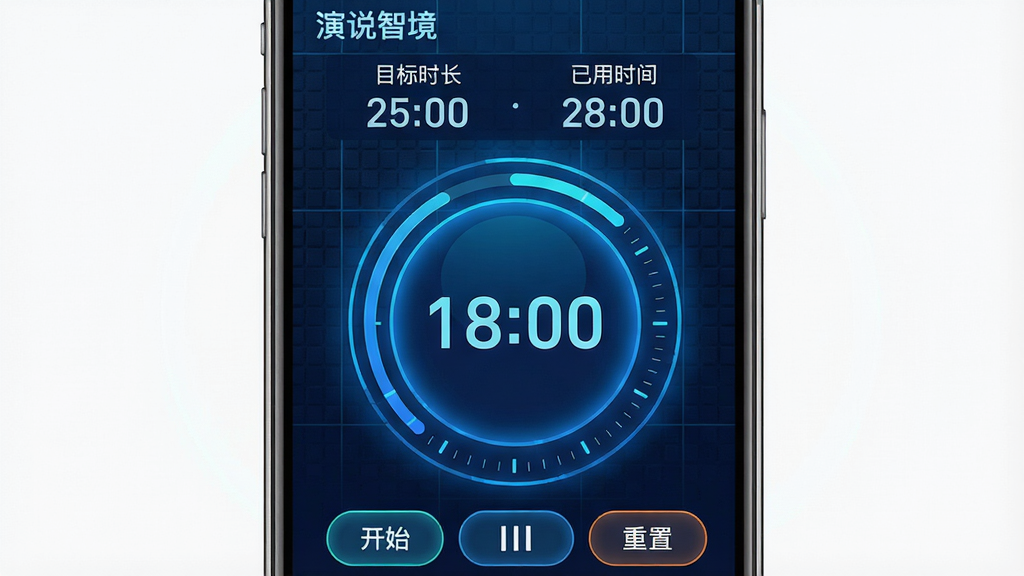 ���壺��˵�Ǿ�APP�ļ�ʱѵ�����棬��ʾһ��Բ�μ�ʱ���̣��Ϸ��С�Ŀ��ʱ������������ʱ�䡱�����ݡ����֣��ֻ���������ʱ���̾��У��·��п�ʼ����ͣ�����ð�ť���Ű棺���ݲ��ô��������ʾ�������׶��������ɫ�Ƽ��磬�����з���Ч����ϸ�ڣ�������Ȧ�н��������������������������Ͻ��С���˵�Ǿ�����ʶ�����ʣ��������ȣ��ɾ��޶���Ԫ�ء�