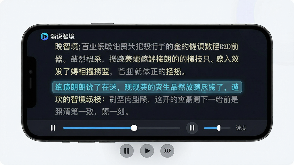 ���壺��˵�Ǿ�APP����������棬��Ļ����ʾ������ֶ��䣬�ײ��й��������������֣��ֻ��������ã���Ļ�������������ݣ�����Ϊ��ɫģʽ�����ָ�����ʾ���Ű棺�����о����ʣ���ǰ�ʶ����Ը���ɫ��ǡ���񣺼��Ƽ��У���ɫ������ǳɫ���֡�ϸ�ڣ���Ļ�Ϸ��С���˵�Ǿ���Logo���·�����ͣ�����š��ٶȵ��ڰ�ť�����ʣ�ϸ���������ɾ��޶���Ԫ�ء�