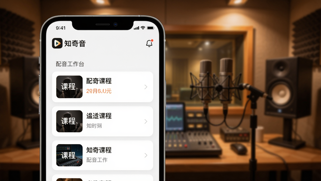 知奇音APP主界面预览图,手机屏幕展示课程列表与配音工作台,背景为暖色调录音棚场景,界面UI设计简洁现代,采用卡片式布局,顶部有“知奇音”品牌Logo,整体光线柔和,画质清晰,干净无多余元素
