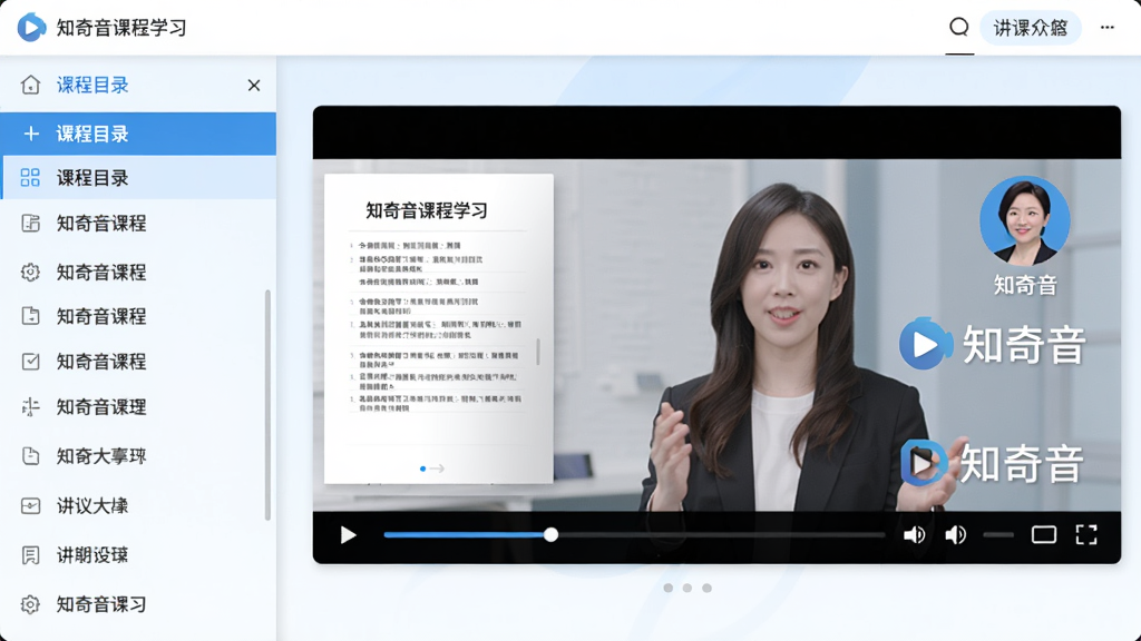 知奇音课程学习界面截图,画面展示视频课程播放页面与讲义大纲,左侧为课程目录列表,右侧为播放器,讲师头像与“知奇音”水印清晰可见,界面配色以蓝白为主,明亮清爽,画质高清,布局规整