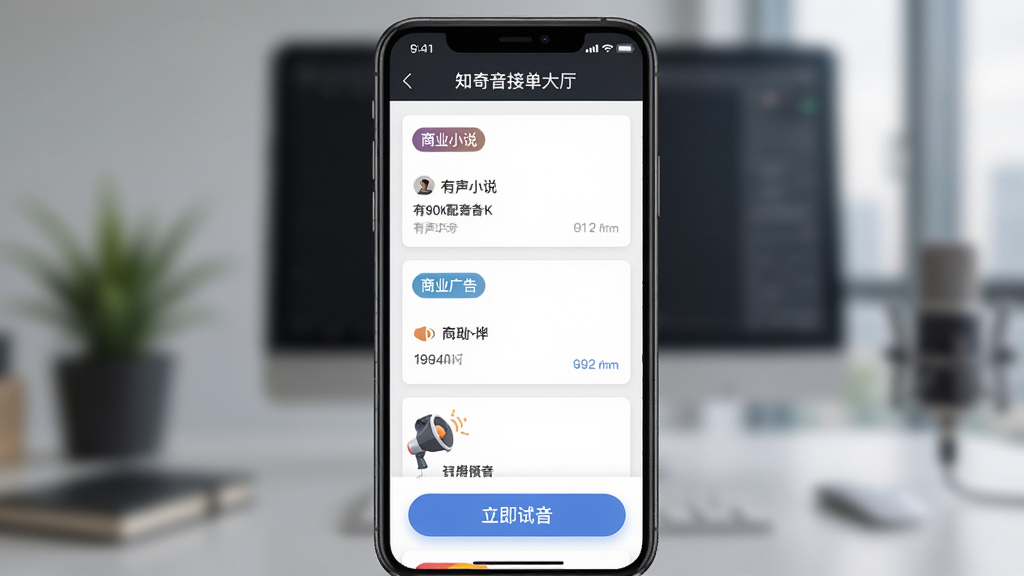 知奇音接单大厅功能预览,手机界面展示多个配音任务卡片,任务标签清晰可见,如“有声小说”、“商业广告”,底部有“立即试音”按钮,背景虚化处理突显界面主体,整体风格商务专业,画质细腻,排版整齐