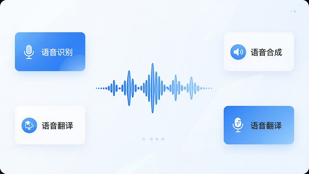 一张展示AI智能语音软件主界面的高清图片,界面简洁明亮,中央有语音波形动画,周围分布着“语音识别”、“语音合成”、“语音翻译”等功能卡片,整体风格现代科技感,蓝色调为主,画面干净无多余元素,文字清晰可见。
