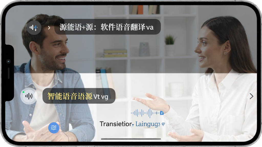展示AI智能语音软件语音翻译功能的界面,背景为双人对话场景,上方显示源语言文本,下方显示翻译结果,语言标识清晰,界面风格国际范,色彩明快,画面干净,无多余元素。