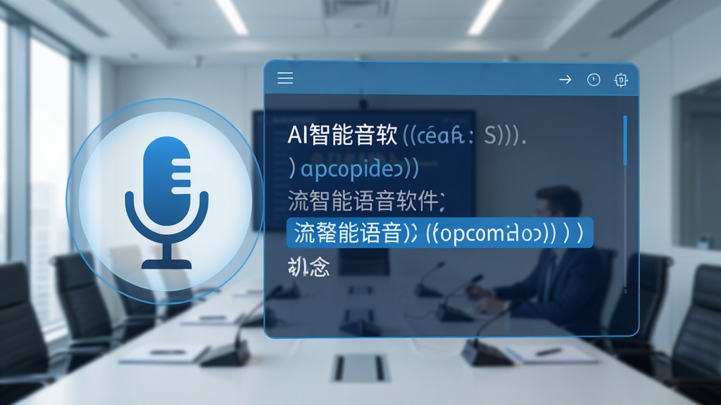 展示AI智能语音软件语音识别功能的界面,背景为会议室场景,麦克风图标醒目,文字实时转写并高亮显示,界面风格简洁清晰,科技蓝配色,画质干净,无多余元素。