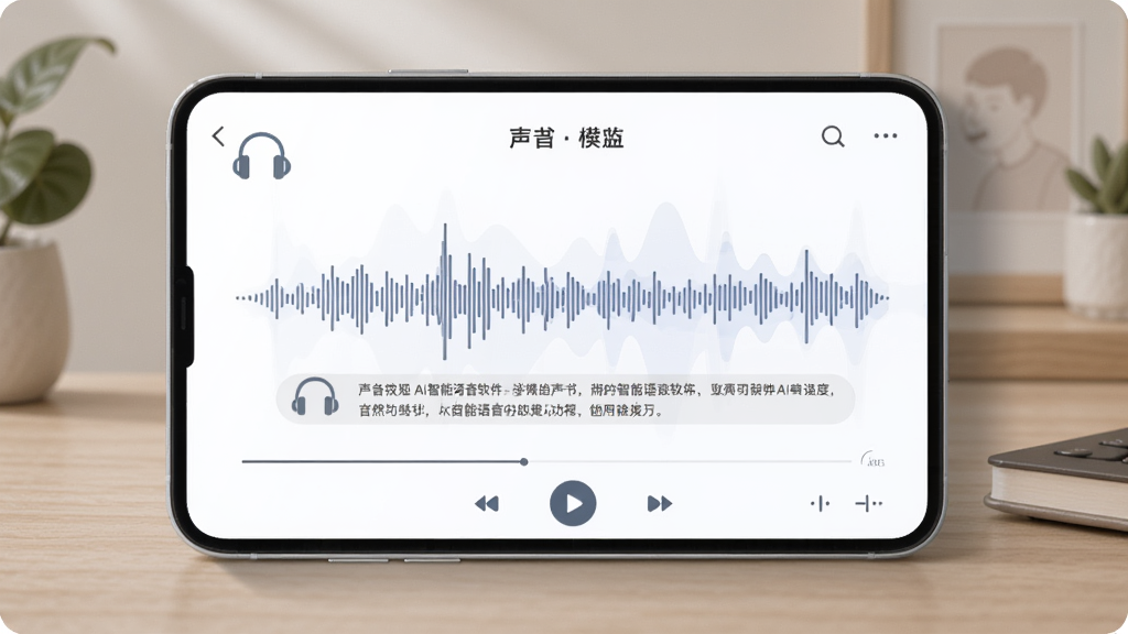 展示AI智能语音软件语音合成功能的界面,背景为有声书播放页面,波形图与文字同步滚动,耳机图标点缀,界面柔和淡雅,突出自然语音效果,画面干净,无多余元素。