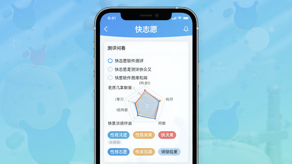 生成一张快志愿软件测评功能图,主体是手机界面显示测评问卷与结果雷达图,界面有“快志愿”字样,布局为上下结构,排版直观,风格清新,细节包括问题选项和性格标签,画质干净无多余元素
