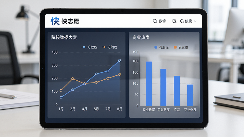 生成一张快志愿软件数据展示图,主体是平板电脑展示院校数据大屏,显示“快志愿”logo和各类图表,布局疏朗,排版专业,风格商务简约,细节包括分数线折线图和专业热度柱状图,画质高清干净,无多余元素