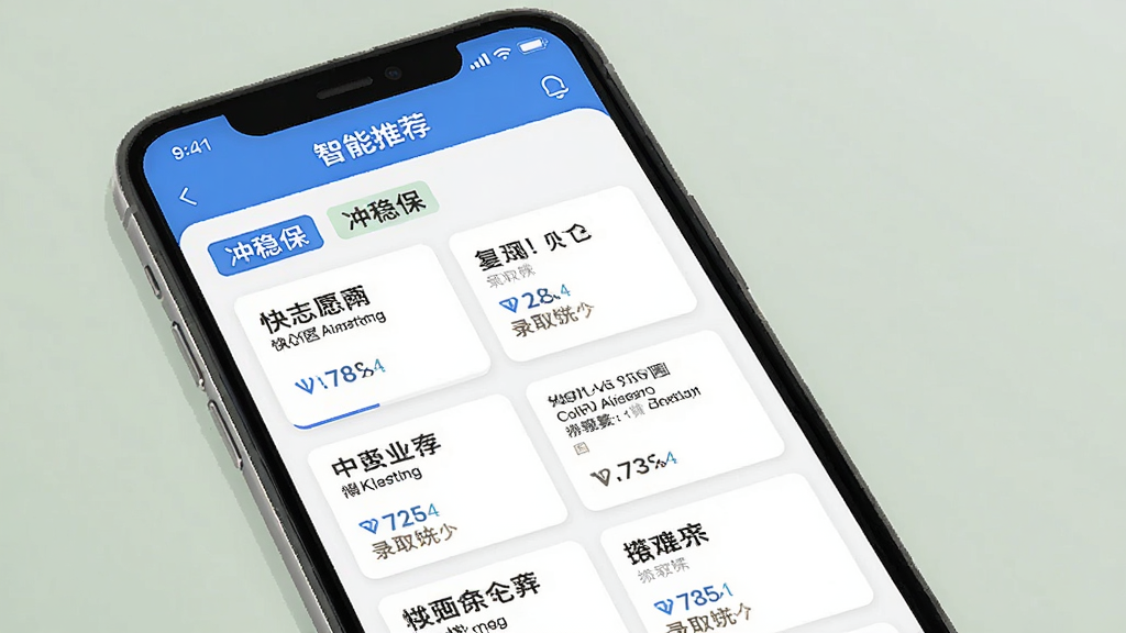 生成一张快志愿软件功能展示图,主体是手机界面上的智能推荐列表,显示“冲稳保”三档标签和多个院校卡片,布局采用列表形式,排版整洁,风格扁平化,细节每个卡片有校名和录取概率,画质清晰干净,无多余元素