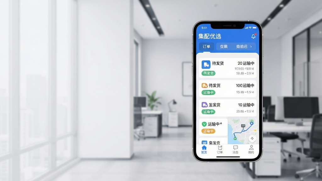 主体:集配优选客户端软件界面展示,一部智能手机屏幕显示物流订单管理主界面,背景为现代商务办公场景。布局:手机位于画面中央偏右,左侧留白,界面清晰显示“集配优选”字样、订单列表和运输路线图。排版:简洁科技感,信息层级分明,突出软件名称和核心功能图标。风格:现代扁平化设计,蓝白主色调,搭配浅灰背景,营造专业、可靠的商务氛围。细节:屏幕内数据清晰可读,有状态标签如“待发货”“运输中”,底部导航栏包含首页、订单、消息、我的。画质:高清渲染,光线柔和,干净无多余元素。
