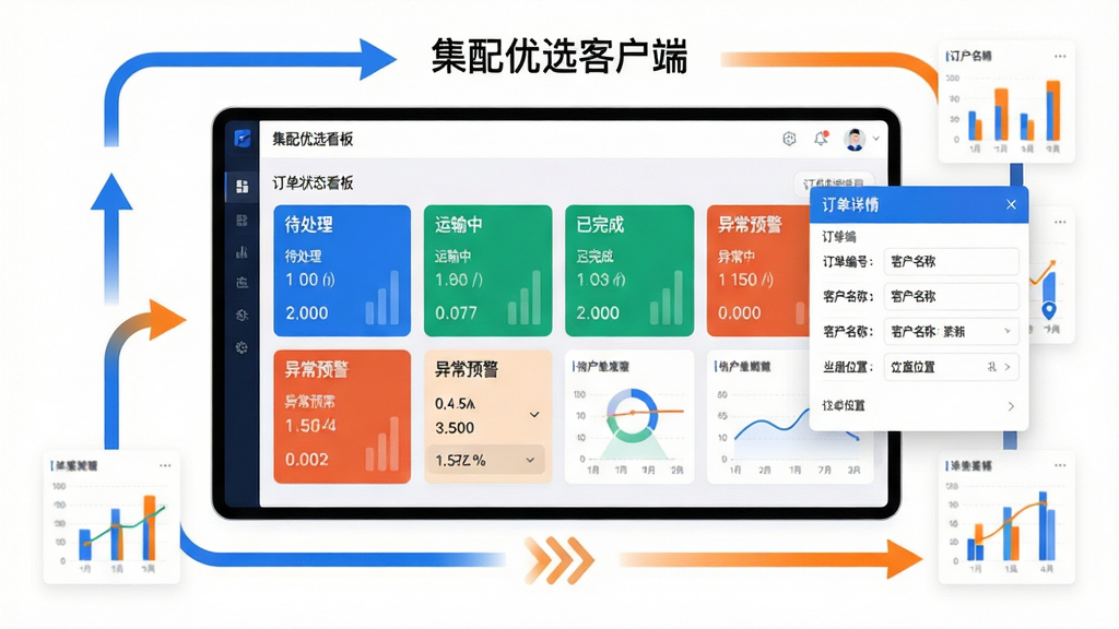 主体:集配优选客户端智能订单管理功能界面,屏幕展示订单状态看板,包含待处理、运输中、已完成、异常预警等分类卡片。布局:屏幕居中,四周环绕简洁的流程箭头和图表元素,右侧有订单详情弹窗。排版:信息卡片式排列,色彩区分状态,顶部有“集配优选客户端”字样。风格:商务科技风,蓝色与橙色点缀,白色背景干净明亮。细节:图表数据清晰,弹窗显示订单编号、客户名称、当前位置。画质:高分辨率,细节丰富,无多余元素。