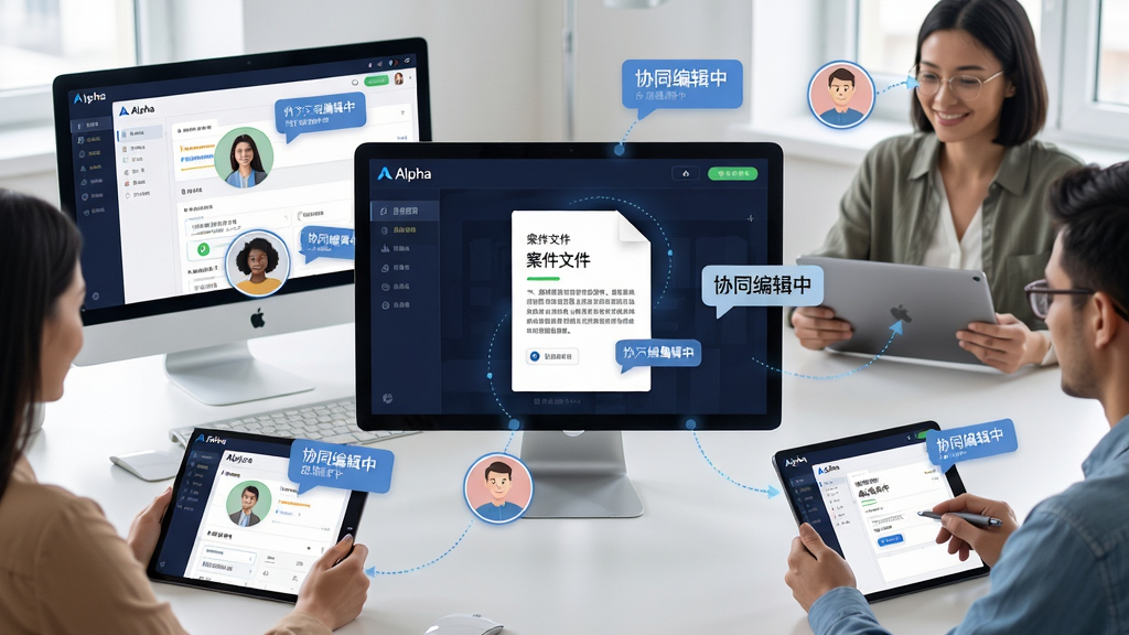 主体:多人通过不同设备(电脑、平板)同时使用Alpha协作办公的场景。布局:画面中央显示一个共享的案件文件,周围有多个用户头像和批注气泡。排版:头像与批注围绕文件分布,体现互动感。风格:现代、协作、科技感。细节:界面有“Alpha”标识,显示“协同编辑中”状态。画质:高清,干净,无多余元素。