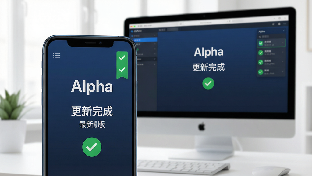 主体:手机与电脑屏幕上显示Alpha软件运行正常,提示“更新完成”的界面。布局:前景为手机,背景为电脑,两者屏幕内容一致。排版:手机与电脑并排,视觉平衡。风格:写实、明亮、科技感。细节:屏幕上显示“Alpha”品牌名和“最新版”字样,周围有绿色对勾图标。画质:高清,干净,无多余元素。