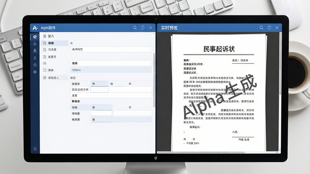 主体:Alpha软件在电脑上自动生成法律文书的界面。布局:左侧为信息录入表单,右侧实时预览生成的文书内容。排版:表单简洁,文书预览排版工整,有“Alpha生成”水印。风格:专业、整洁、数字化。细节:文书标题“民事起诉状”清晰可见,背景有键盘和咖啡杯。画质:高清,干净,无多余元素。