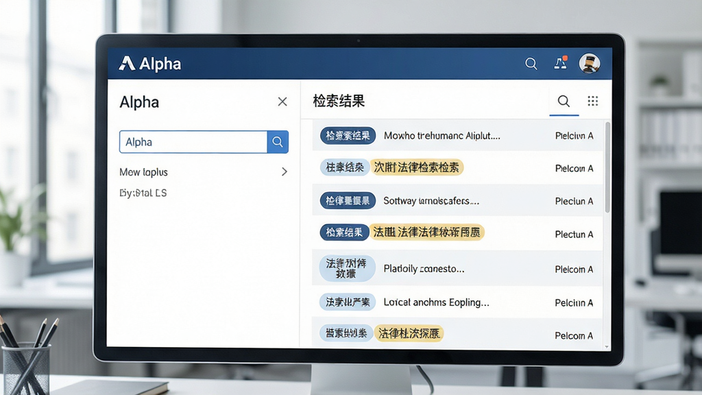 主体:Alpha软件界面正在展示法律检索结果的场景。布局:界面占据画面主体,左侧为检索框,右侧显示结构化结果列表。排版:界面清晰,结果分类标签明显。风格:写实、明亮、专业办公风。细节:屏幕中显示“Alpha”品牌名与“检索结果”字样,搭配高亮的关键词。画质:高清,干净,无多余元素。