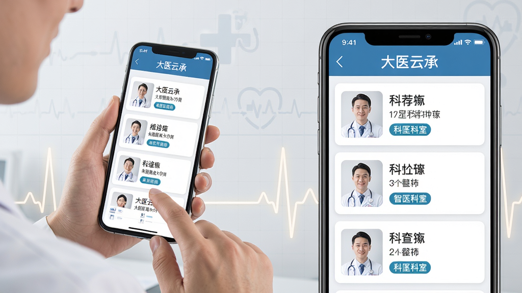 图片主体为一位用户手持手机,屏幕上显示“大医云承”的智能匹配结果页面,页面列出三位推荐医生及其科室。布局为左右结构,左侧是用户操作示意,右侧是手机界面特写。背景采用浅灰色医疗风格,搭配心电图线条元素。排版清晰,风格写实,细节包括医生姓名与职称标签,画质干净明亮,无多余元素。