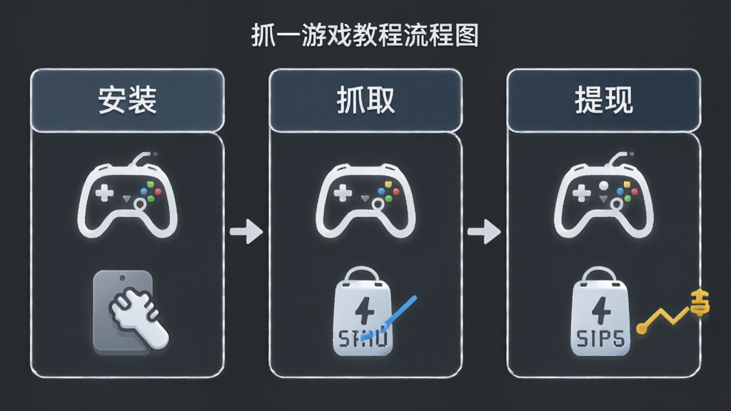 抓一游戏教程流程图,分为安装、抓取、提现三个步骤,每个步骤下面有对应的图标,整体布局清晰,风格简洁,画质干净,无多余元素