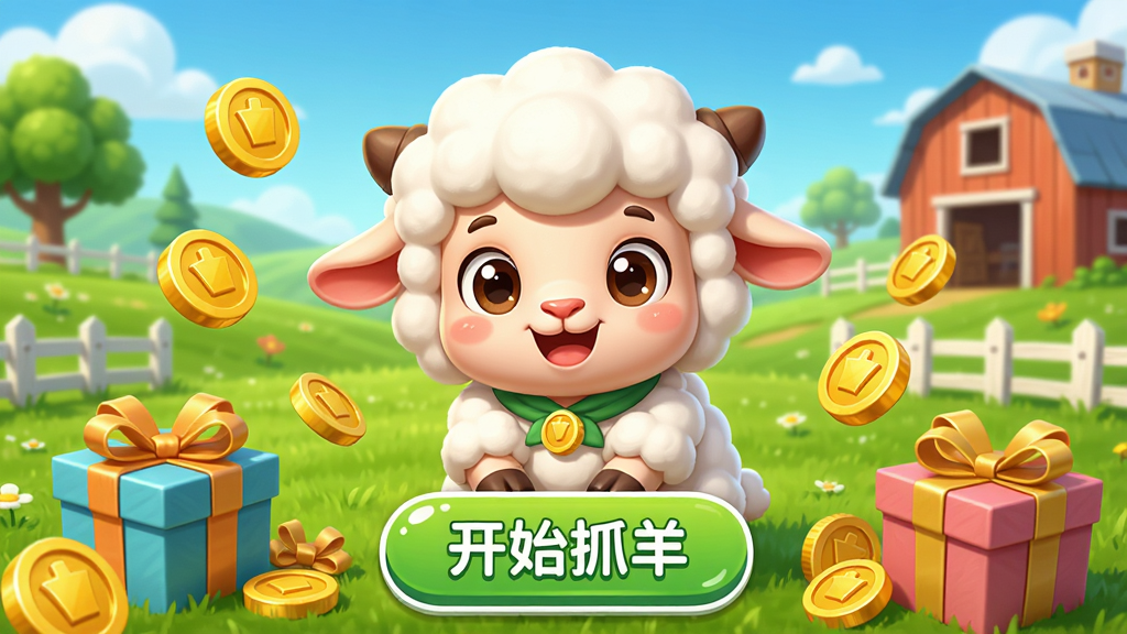 游戏主界面预览图,一只卡通风格的可爱小羊作为主角,周围环绕着金币和礼物盒,背景是明亮清新的草原牧场风格,界面布局简洁,下方有醒目的“开始抓羊”按钮,整体风格活泼明快,高清画质,干净,无多余元素