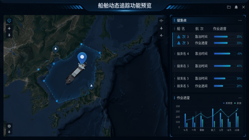 锚地货主端船舶动态追踪功能预览,地图上显示锚地船舶位置标记,列表展示船名、航次、靠泊时间、作业进度条,科技感UI设计,蓝黑配色,数据可视化图表,高清渲染
