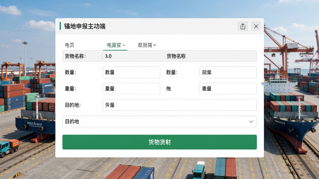 锚地货主端货物申报功能界面截图,显示电子表单填写页面,包含货物名称、数量、重量、目的地等字段,背景为港口堆场,界面简洁明了,绿色按钮突出,专业商务风格,高清画质