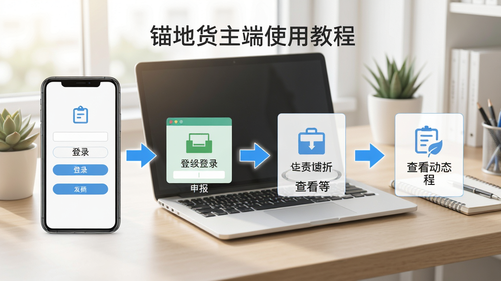 锚地货主端使用教程示意图,手机操作步骤分解图,包括登录、申报、查看动态等流程,配以箭头指示,背景为办公桌面,清新明亮风格,细节清晰