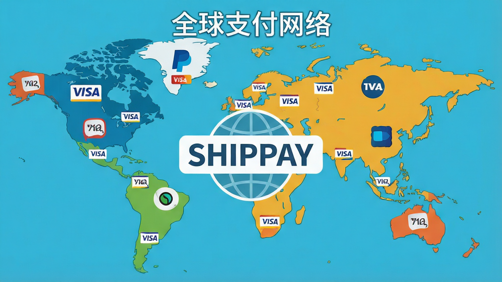 主体:世界地图上分布着多个支付方式图标,中心有“SHIPAY”徽标;布局:地图为背景,图标均匀分布,徽标置于中央;排版:地图上方标注“全球支付网络”;风格:扁平化设计,色彩鲜明;细节:支付图标包括Visa、PayPal等;画质:清晰矢量图,干净,无多余元素