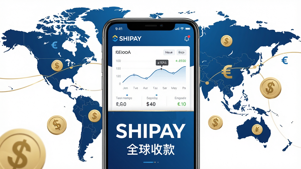 主体:SHIPAY品牌界面在智能手机上展示,背景为全球地图与货币符号;布局:手机居中,四周留白,地图与货币环绕;排版:下方有“SHIPAY”字样及“全球收款”中文标语;风格:科技感、商务蓝与金色点缀;细节:货币符号清晰,界面显示简洁数据图表;画质:高清渲染,干净,无多余元素