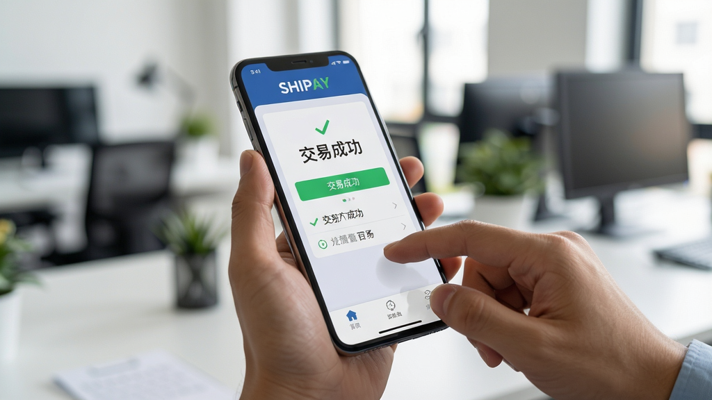 主体:用户手持手机使用SHIPAY应用,背景为办公室环境;布局:手机屏幕特写,背景虚化;排版:屏幕显示“交易成功”界面;风格:写实生活照,自然光;细节:用户手指点击屏幕,屏幕上有“SHIPAY”字样;画质:高清单反效果,干净,无多余元素