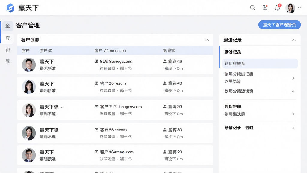 赢天下客户管理页面,展示客户列表与跟进记录,头像与信息卡片排列整齐,界面清爽,风格商务,细节丰富,画质高清,整体干净无多余元素