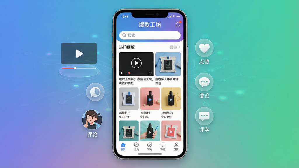 一幅展示爆款工坊软件核心界面的高清概念图,主体为一部智能手机屏幕,屏幕上清晰显示“爆款工坊”APP主界面,界面布局包含顶部搜索栏、中部热门模板瀑布流、底部功能导航栏,背景为简约渐变色,配以视频播放、点赞、评论等图标元素,整体排版整洁,风格现代科技感,细节丰富,画质高清,干净无多余元素