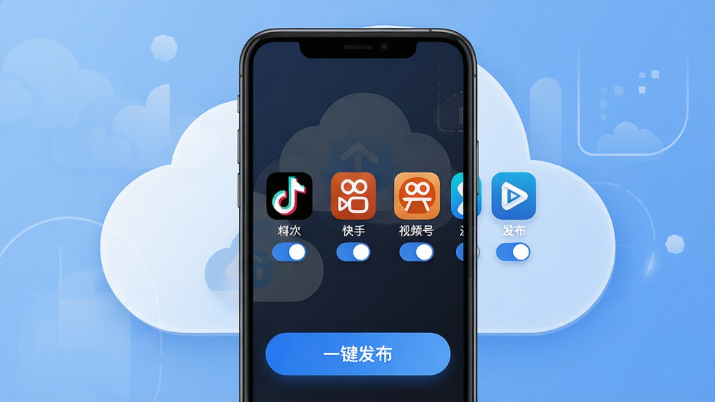 一张展示爆款工坊多平台发布功能的界面图,主体为手机屏幕,屏幕上显示一排平台图标(如抖音、快手、视频号等),每个图标下方有开关按钮,底部有“一键发布”大按钮,背景是简洁的云同步概念图,整体风格商务简洁,细节丰富,画质高清,干净无多余元素