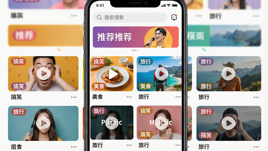 一张展示爆款工坊模板库的界面截图,主体为手机屏幕,屏幕内以网格形式展示各种视频模板封面,每个封面都标有“搞笑”、“美食”、“旅行”等分类标签,顶部有搜索框和推荐横幅,整体布局整齐,色彩鲜艳,风格现代,细节丰富,画质高清,干净无多余元素