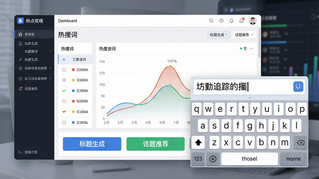 一张展示爆款工坊热点追踪功能的预览图,主体为软件后台数据面板,面板上显示实时上升的热搜词列表和热度曲线,旁边有一个虚拟键盘正在输入文案,屏幕下方展示“标题生成”、“话题推荐”等按钮,整体布局专业,风格数据可视化,细节丰富,画质高清,干净无多余元素