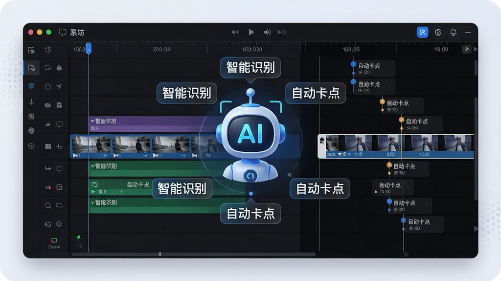 一张展示爆款工坊AI智能剪辑功能的预览图,主体为软件操作界面,左侧是视频素材轨道,右侧是AI自动生成的剪辑时间线,时间线上有多个自动标记的卡点节点,画面中央有一个虚拟的AI助手图标,周围环绕着“智能识别”、“自动卡点”等文字标签,整体排版清晰,风格科技感,细节丰富,画质高清,干净无多余元素