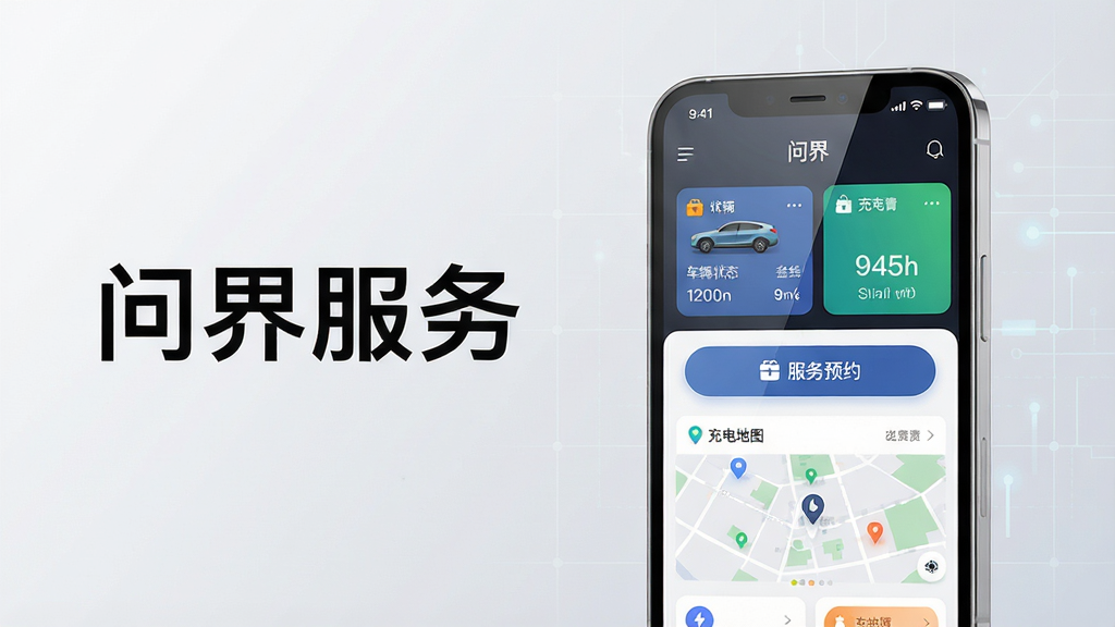 主体:问界服务App在智能手机屏幕上显示主界面,界面包含车辆状态卡片、服务预约按钮、充电地图等元素。布局:手机位于画面中央偏右,背景为简洁的浅灰色渐变,左侧留白区域配有“问界服务”大标题字样。排版:手机屏幕内容清晰可辨,标题文字采用黑色无衬线体,界面图标色彩丰富。风格:现代科技感,扁平化设计,光线柔和。细节:屏幕反射出细微光泽,背景有淡淡的科技网格纹路。画质:8K超高清,干净,无多余元素。