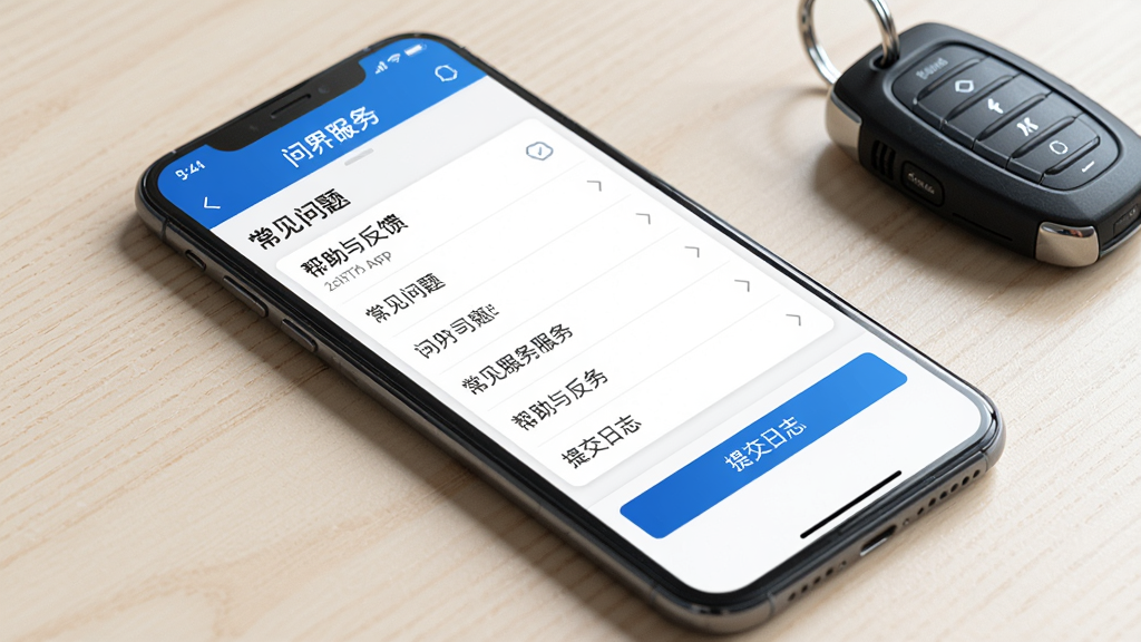 主体:一部智能手机显示问界服务App的“帮助与反馈”页面,页面内有“常见问题”列表和“提交日志”按钮。布局:手机倾斜45度角,背景为浅色桌面,旁边放有一把车钥匙。排版:手机屏幕内容清晰,列表项排列整齐。风格:写实摄影风格,光线明亮。细节:屏幕上有“问界服务”字样,按钮为蓝色。画质:高清,干净,无多余元素。