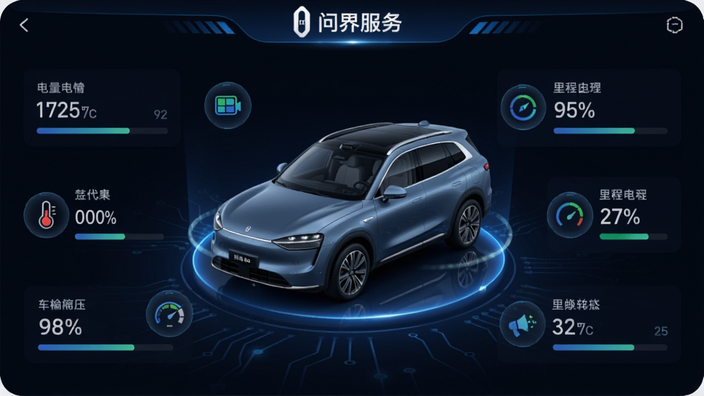 主体:问界服务App的车辆状态页面,显示一辆问界M5的3D模型,周围环绕电量、胎压、里程等数据图标。布局:车辆模型居中,数据图标分布在车辆四周,页面顶部有“问界服务”标识。排版:数据以数字和进度条形式呈现,字体清晰易读。风格:深色背景搭配蓝色科技光效,体现智能科技感。细节:3D车辆模型可旋转,数据动态刷新。画质:高分辨率渲染,干净整洁,无多余元素。