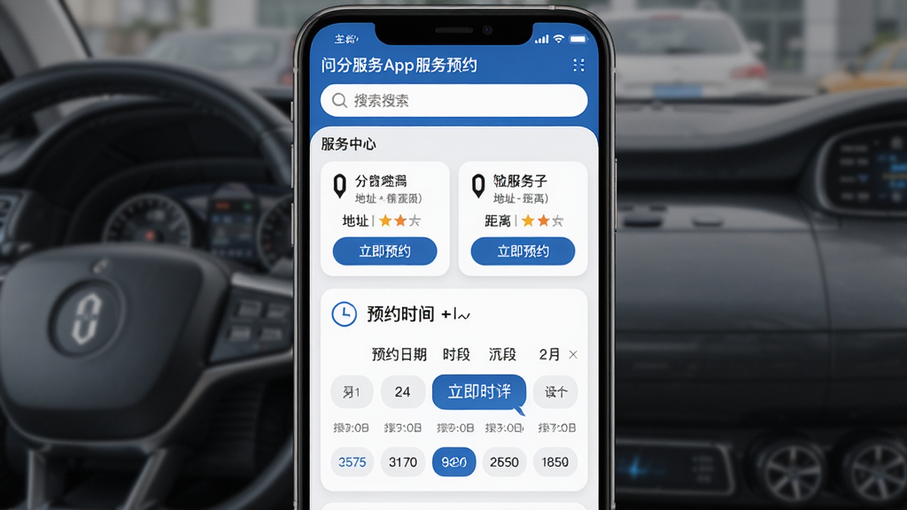 主体:问界服务App的服务预约界面,显示服务中心列表和预约时间选择器。布局:界面自上而下依次为搜索栏、服务中心卡片(含地址、距离、评分)、预约日期与时段选择模块。排版:信息层级分明,按钮醒目。风格:简洁商务风,蓝白主色调,卡片圆角设计。细节:卡片上有“立即预约”按钮,时间选择器高亮显示可约时段。画质:清晰细腻,无多余元素。
