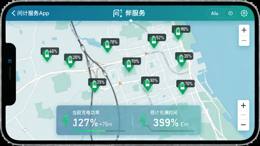 主体:问界服务App的充电地图页面,显示地图上的多个充电站标记,底部有充电状态卡片。布局:地图占满全屏,充电站以绿色图标标记,底部卡片显示当前充电功率和预计充满时间。排版:地图界面简洁,信息卡片采用半透明背景。风格:科技蓝绿色调,信息可视化清晰。细节:地图支持缩放,充电站图标带有电量百分比标签。画质:高清渲染,无多余元素。