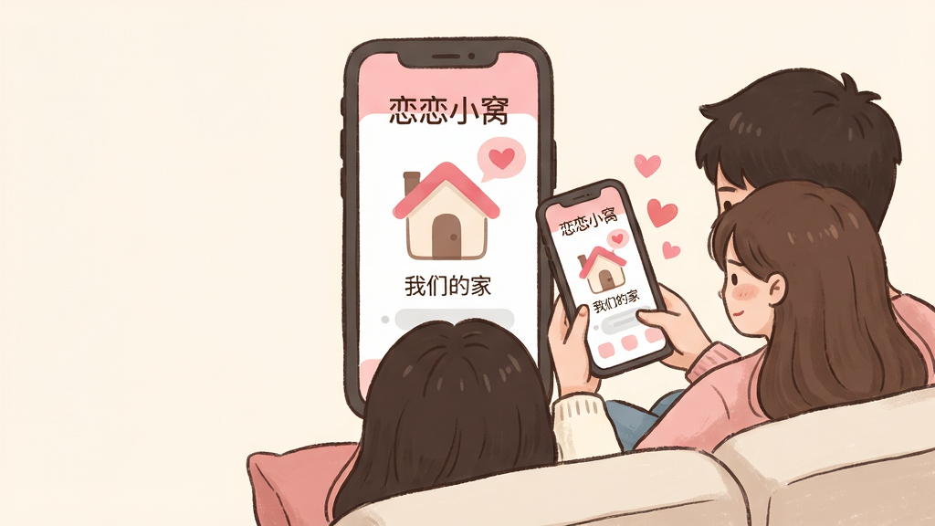 主体:一对年轻情侣依偎在沙发上,共同使用手机观看屏幕上的温馨小屋界面。布局:前景为情侣背影,中景为手机屏幕特写,屏幕内显示“恋恋小窝”应用界面,有粉色屋顶的小房子图标和爱心气泡。排版:画面左侧留白,右侧为情侣与手机,形成对角线构图。风格:清新手绘插画风,色彩柔和淡雅,以粉色、米白色为主色调。细节:手机屏幕中可见“恋恋小窝”四个字和“我们的家”字样,周围飘浮着小心心。画质:高清,干净,无多余元素。