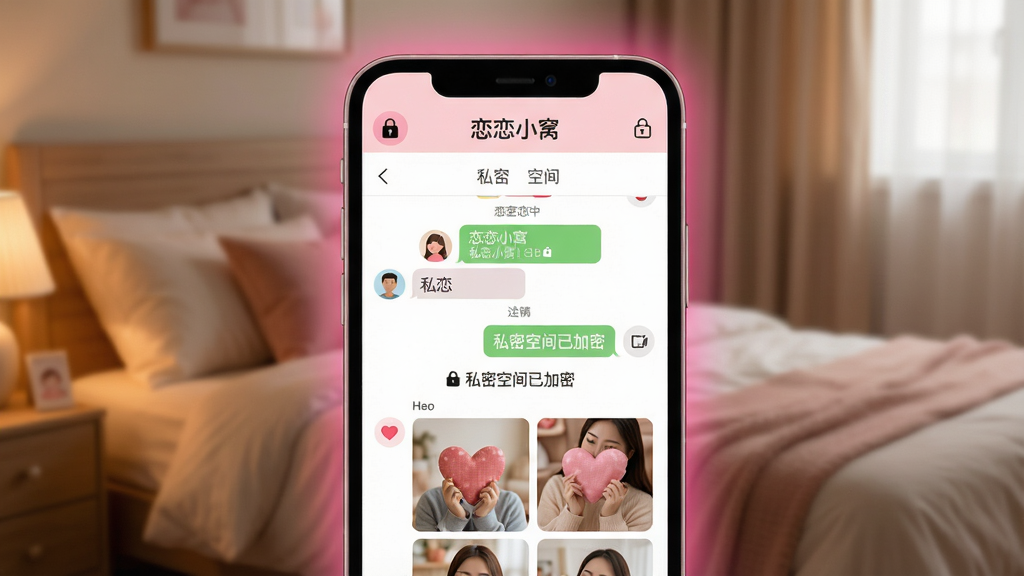 主体:一部智能手机屏幕特写,屏幕上显示“恋恋小窝”应用内私密空间界面,背景是温馨的卧室。布局:手机居中,屏幕内容清晰可见,应用界面顶部有“恋恋小窝”字样和锁形图标,下方是双人聊天窗口和爱心相册。排版:居中构图,手机屏幕占画面主体,背景虚化。风格:写实摄影风格,光线柔和,营造温馨私密氛围。细节:手机屏幕显示“私密空间已加密”提示,周围有粉色光晕。画质:超清,干净,无多余元素。