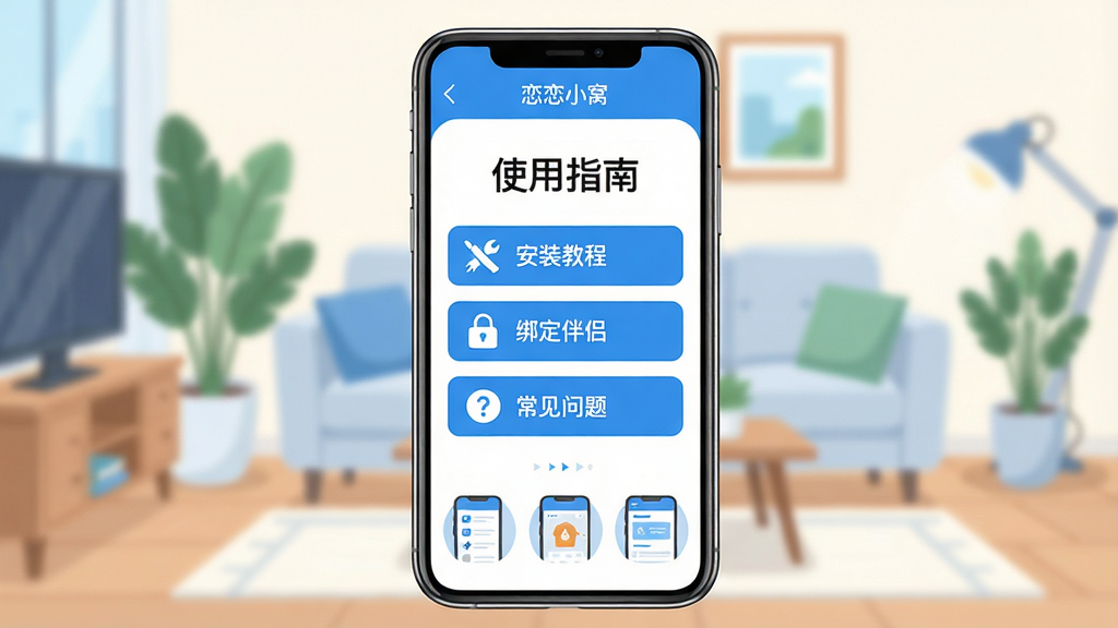 主体:一部手机屏幕显示“恋恋小窝”应用使用教程界面,屏幕上有“使用指南”字样,背景为模糊的客厅。布局:手机居中,屏幕内容清晰,下方有操作步骤图示。排版:居中构图,手机屏幕为视觉中心。风格:扁平化插画风格,色彩明亮,以蓝色和白色为主。细节:屏幕中有“安装教程”、“绑定伴侣”、“常见问题”三个选项。画质:高清,干净,无多余元素。